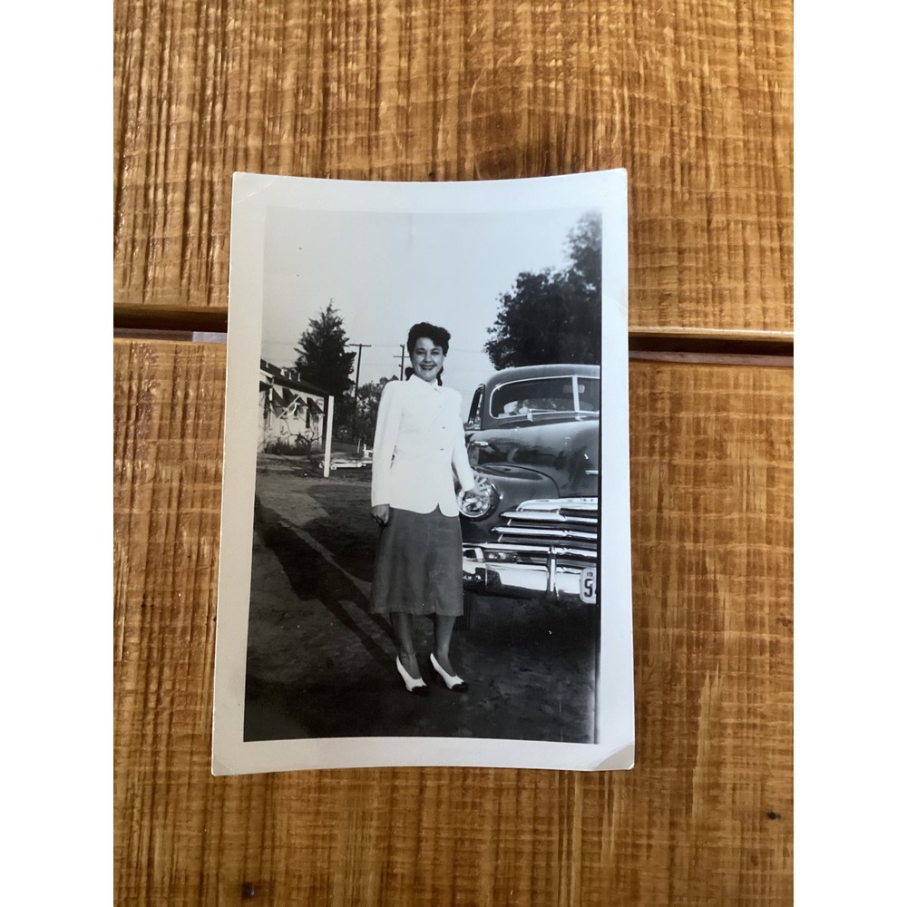 Vtg 1948 Snapshot Photo Woman Posing with Classic Chevrolet Car 1940s Fashion